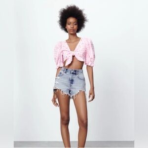 ZARA PINK Cropped Check Gingham Top blouse puff sleeve beaded design size L